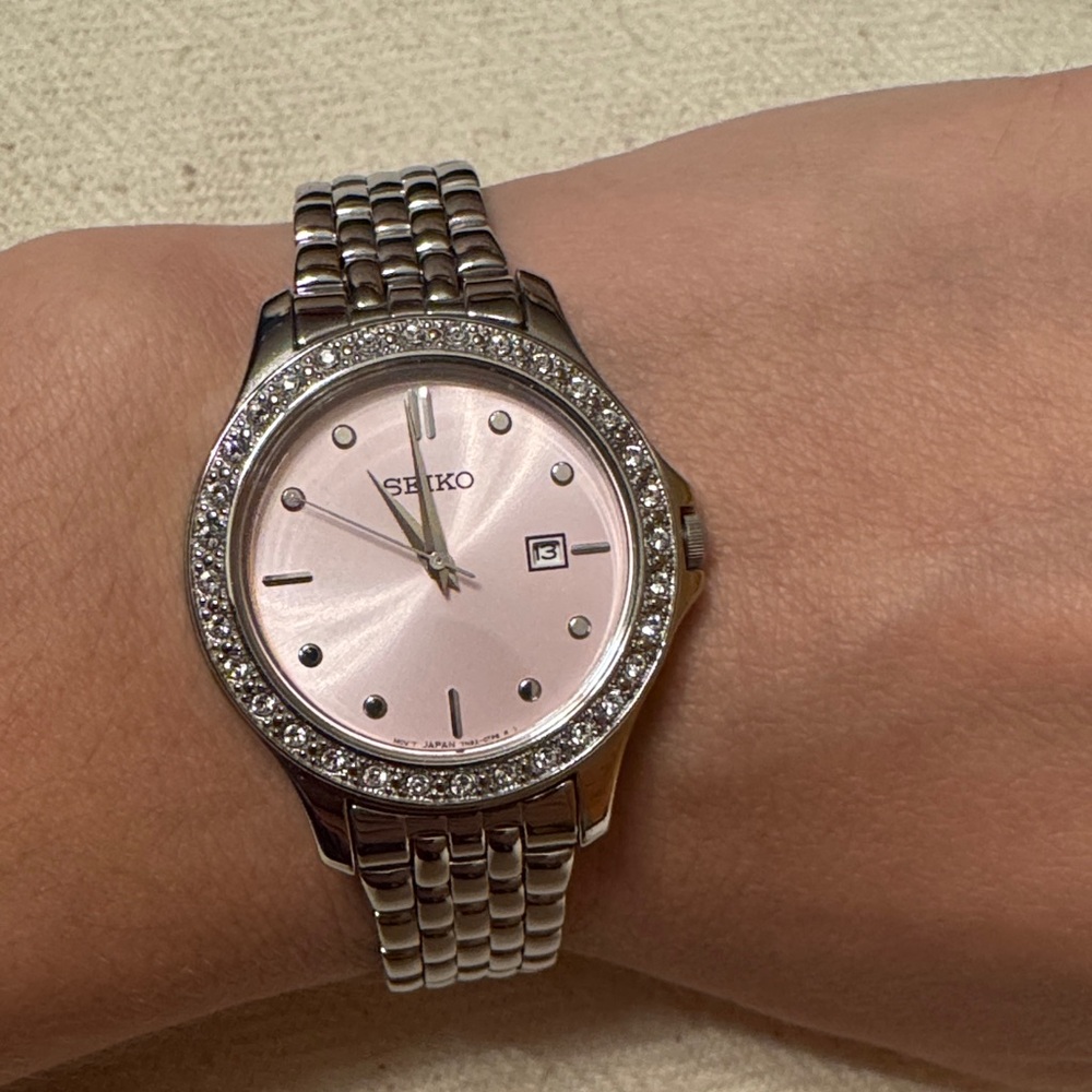 Seiko Pink Dial Watch with Silver Band